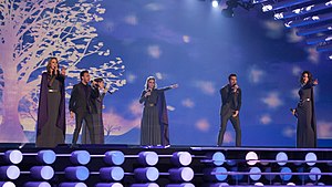 Genealogy at a Eurovision Song Contest 2015 rehearsal (L-R: Tamar Kaprelian, Vahe Tilbian, Inga Arshakyan, Mary-Jean O'Doherty Basmadjian, Essaï Altounian, and Stephanie Topalian)