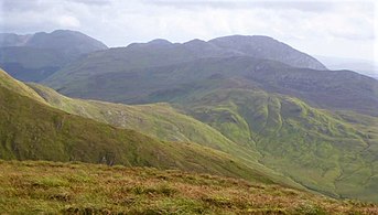 "Col of Despondency" (middle) to Letterbreckaun (middle), with Binn idir an dá Log (far left)