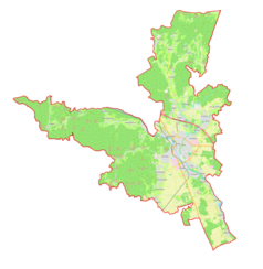 Mapa konturowa gminy miejskiej Kranj, na dole nieco na prawo znajduje się punkt z opisem „Žabnica”