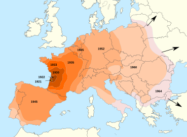 Expansión do escaravello da pataca en Europa, 1921–1964