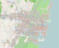 Mapa konturowa Sydney, po prawej znajduje się punkt z opisem „The Rocks”