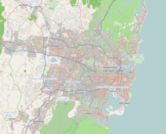 Mapa konturowa Sydney, po prawej znajduje się punkt z opisem „Kirribilli House”