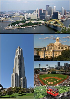 Do topo, da esquerda para a direita: panorama de Pittsburgh; Cathedral of Learning na Universidade de Pittsburgh; Universidade Carnegie Mellon; PNC Park e Duquesne Incline.