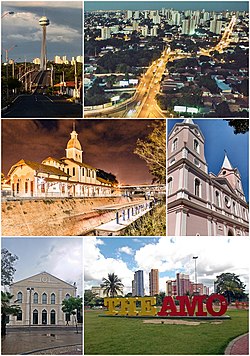 From the top: Estaiada Mirante bridge, Teresina at night, Railway station complex, Cathedral of Our Lady of Sorrows, September 4th Theater and Turistical signboard