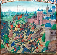Batalla de Nicópolis en 1396, por el Maestro del libro de oraciones de Dresde.