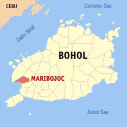 Mapa ng Bohol na nagpapakita sa lokasyon ng Maribojoc.