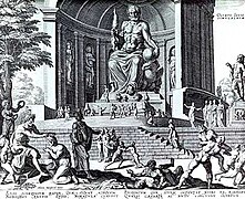 Zeus, padre de los dioses y armado con el rayo, como corresponde a la mitología griega, preside el Santuario de Olimpia donde en su honor se celebraban desde el siglo VIII a. C. los juegos olímpicos, hitos que marcaban el calendario y uno de los legados más importantes de la civilización clásica. La colosal estatua de oro y marfil, de 12 metros de altura, se debía a Fidias (siglo V a. C.), y se contaba entre las siete maravillas del mundo antiguo. Destruida en el siglo V d. C., este grabado es una recreación de época moderna.