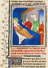 Agatocle morente dà l'addio alla moglie Teossena e ai suoi due figli mandandoli in Egitto; miniatura del 1415 (Getty Museum, Los Angeles)