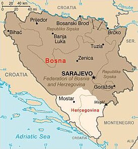 Límites aproximados entre Bosnia (oscuro) y Herzegovina (claro).