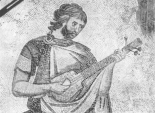 Roman or Byzantine pandoura from a 6th-century A.D. mosaic in the Great Palace of Constantinople. The instrument has three strings.[12]