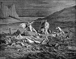 Phlégias faisant traverser le Styx à Virgile et Dante dans la Divine Comédie. Gravure de Gustave Doré, 1861.