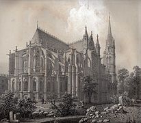 Gereja Biara Saint-Denis (apse dan fasad utara), litograf oleh Félix Benoist sekitar 1850.