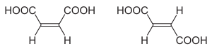 Maleiinhape (vasakul) ja fumaarhape (paremal) on triviaalnimetused (Z)- ja (E)-buteendihapetele