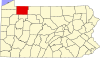Mapa de Pensilvania con la ubicación del condado de Warren