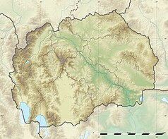 Mapa konturowa Macedonii Północnej, u góry po lewej znajduje się punkt z opisem „źródło”, po prawej znajduje się również punkt z opisem „ujście”