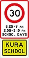 (R1-6.1) 30 km/h school zone speed limit in effect during times specified