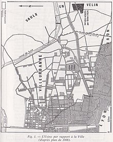 PlaPlan de Villeurbanne vers 1908. carte reproduite de la page 47 de l'article de Louis Chabertn de Villeurbanne vers 1908