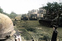 US tanks entering a town in Cambodia in 1970.