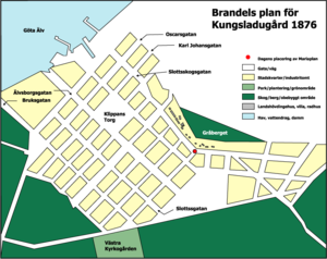 Vänster: karta över Kungsladugård, 1872. Höger: Hans Wilhelm Brandels plan för Kungsladugård, 1876.