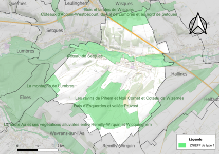 Carte des ZNIEFF de type 1 sur la commune.