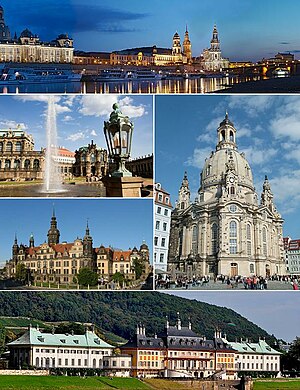 Clockwise: Dresden at night, Dresden Frauenkirche, Schloss Pillnitz, Dresden Castle and Zwinger
