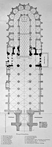 Plano de la katedralo de Freiburg kun altgotika laŭlonga domo kaj malfrugotika ĥorejo