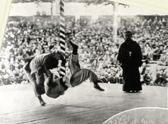 Photo de deux combattants de judo. L'un deux vient d'exécuter une prise et fait tomber l'autre. Un arbitre assiste à la scène, à proximité immédiate. Un large public observe le combat.