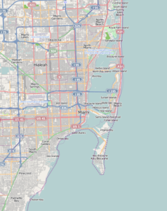 Mapa konturowa Miami, w centrum znajduje się punkt z opisem „Orange Bowl”