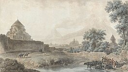 A 1783 watercolor of the churches of Etchmiadzin with Ararat by Mikhail Matveevich Ivanov.[185][186][q]