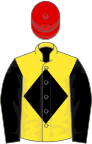 Yellow, black diamond and sleeves, red cap