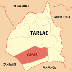 Mapa ng Tarlac na nagpapakita sa lokasyon ng Capas.