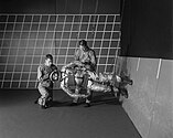 Astronaut training in the Reduced Gravity Walking Simulator. This position meant that a person's legs experienced only one sixth of their weight, which was the equivalent of being on the lunar surface.