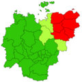 Pembagian wilayah waktu Republik Sakha: Hijau: Yakutsk TZ; Hijau marun: Vladivostok TZ; Merah: Magadan TZ