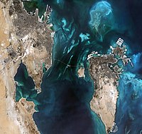 Satellite view of Bahrain and eastern Saudi Arabia in 2016.