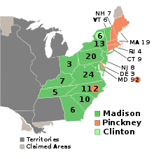 Die Präsidentschaftswahl von 1808. Der Föderalist Pinckney gewann ganz Neuengland außer Vermont, Delaware und je zwei Stimmen aus North Carolina und Maryland. Madison gewann alle anderen Stimmen im Electoral College außer sechs, die an George Clinton gingen.