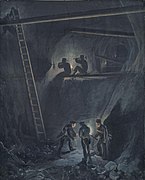 Fra Kongens gruve, tegning fra 1834 som forestiller arbeid i gruvene på Kongsberg.