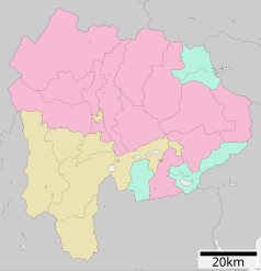 Mapa konturowa prefektury Yamanashi, w centrum znajduje się punkt z opisem „Kōfu”