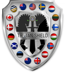 Le sceau de l'opération Trojan Shield du FBI (en haut), le logo de l'opération Ironside de l'AFP (au centre) et le logo de l'application ANOM (en bas)