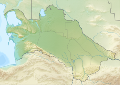 Mapa konturowa Turkmenistanu, u góry po lewej znajduje się owalna plamka nieco zaostrzona i wystająca na lewo w swoim dolnym rogu z opisem „Kara Bogaz Goł”
