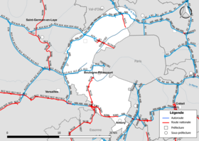 Carte du réseau routier national (autoroutes et routes nationales) dans le département des Hauts-de-Seine