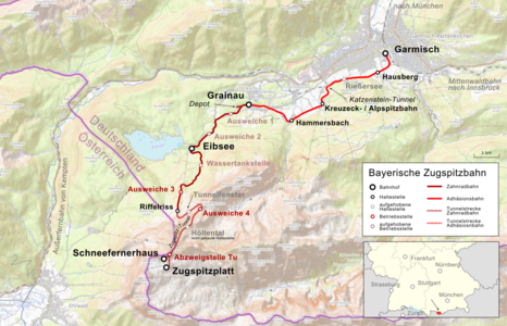 map of railway Bayerische Zugspitzbahn, halt of Rifflriss and in Hammersbach.