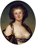 Charlotte Eckerman i 1780-talets fluffiga, vida frisyr och sidenskärp över vit chemiseklänning.