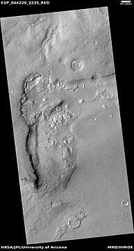 Wide view of dipping layers, upper plains unit, and brain terrain, as seen by HiRISE under HiWish program. Parts of this picture are enlarged in other images.