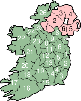 Map of Ireland with numbered counties.