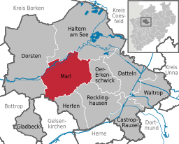 Läget för staden Marl i Kreis Recklinghausen