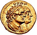Zlatý statér Ptolemaius I. Sotér a Berenike I. ~285 př. n. l.