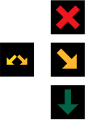 Lane-control signals. Red cross: Lane closed. Yellow arrow(s): Lane closed ahead, change to indicated lane(s). Green arrow: Lane open.