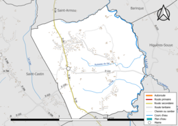 Carte en couleur présentant le réseau hydrographique de la commune