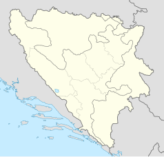 Mapa konturowa Bośni i Hercegowiny, blisko górnej krawiędzi po lewej znajduje się punkt z opisem „Šestanovac”