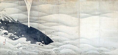 Zo to Kujira-zu byōbu (象と鯨図屏風, Elephant and Whale (left panel))